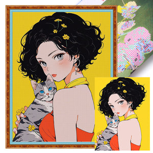 Yishu - Short-Haired Girl And Cat - 45*60CM 11CT 3 Stamped Cross Stitch