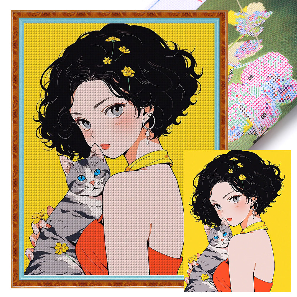 Yishu - Short-Haired Girl And Cat - 45*60CM 11CT 3 Stamped Cross Stitch