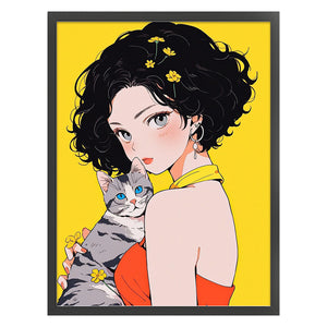 Yishu - Short-Haired Girl And Cat - 45*60CM 11CT 3 Stamped Cross Stitch