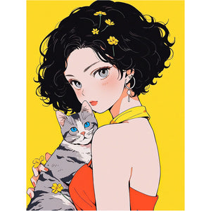 Yishu - Short-Haired Girl And Cat - 45*60CM 11CT 3 Stamped Cross Stitch