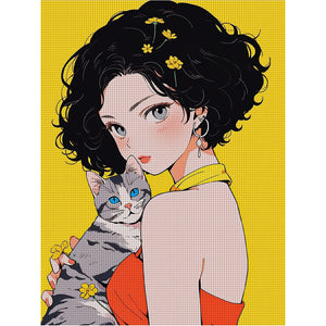 Yishu - Short-Haired Girl And Cat - 45*60CM 11CT 3 Stamped Cross Stitch