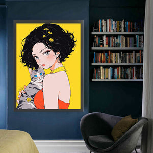 Yishu - Short-Haired Girl And Cat - 45*60CM 11CT 3 Stamped Cross Stitch