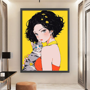 Yishu - Short-Haired Girl And Cat - 45*60CM 11CT 3 Stamped Cross Stitch