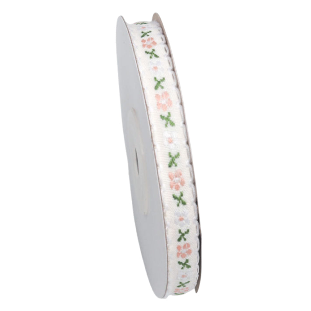 1CM 9M Floral Printed Ribbon Trim DIY Lace Trim Ribbon for Sewing (White)