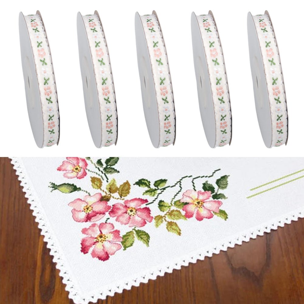 1CM 9M Floral Printed Ribbon Trim DIY Lace Trim Ribbon for Sewing (White)