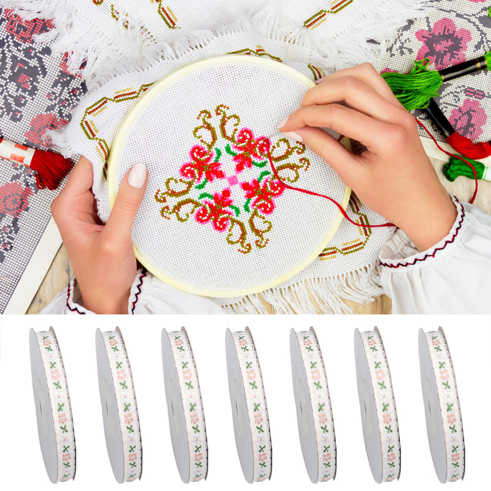 1CM 9M Floral Printed Ribbon Trim DIY Lace Trim Ribbon for Sewing (White)