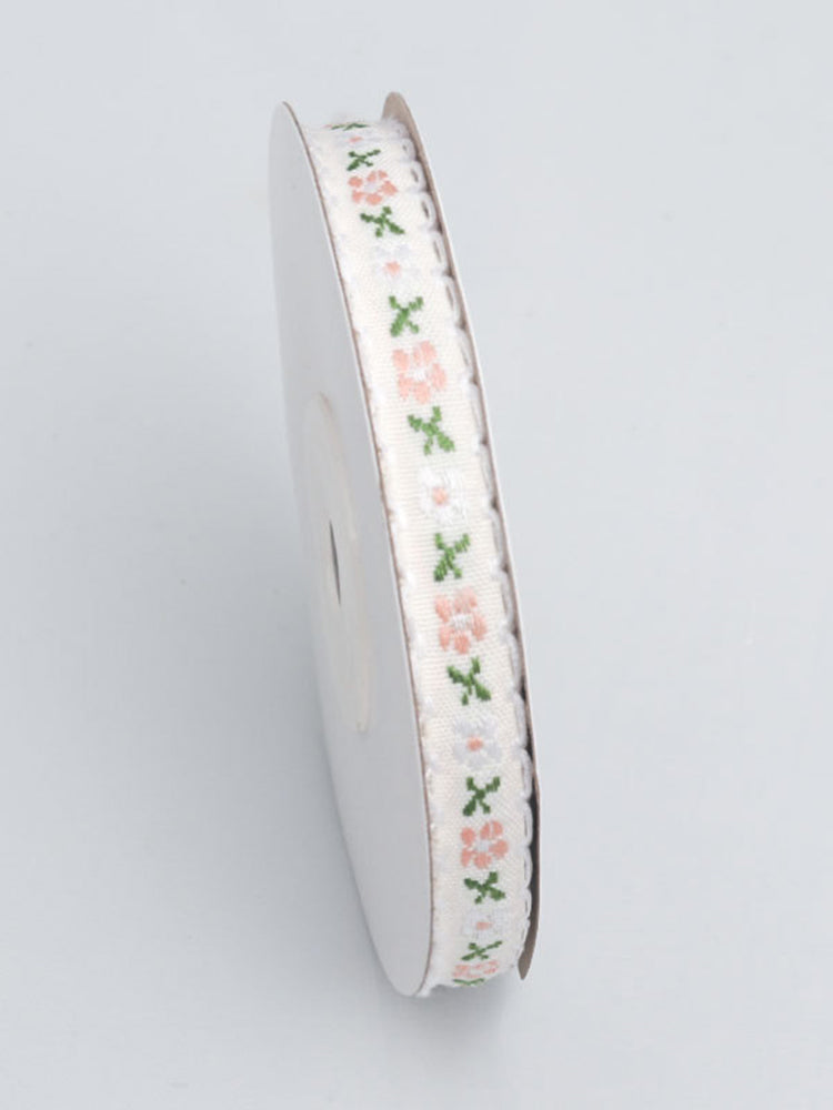 1CM 9M Floral Printed Ribbon Trim DIY Lace Trim Ribbon for Sewing (White)