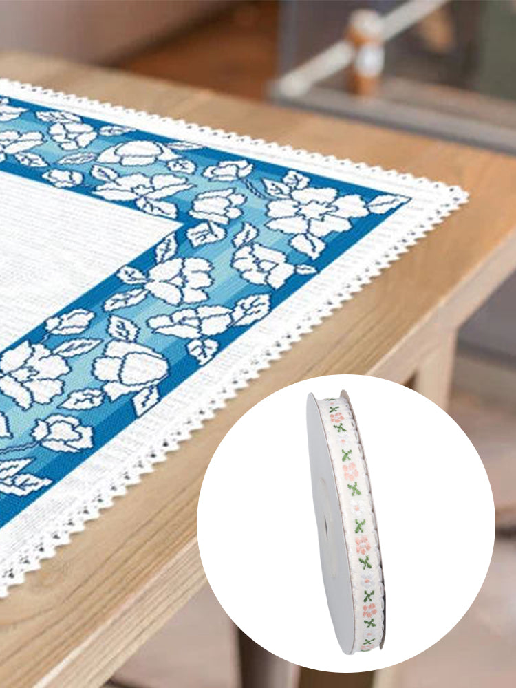 1CM 9M Floral Printed Ribbon Trim DIY Lace Trim Ribbon for Sewing (White)