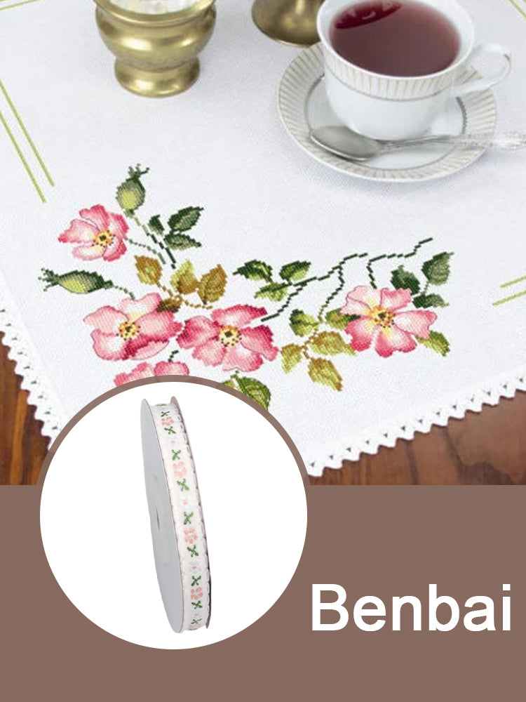 1CM 9M Floral Printed Ribbon Trim DIY Lace Trim Ribbon for Sewing (White)