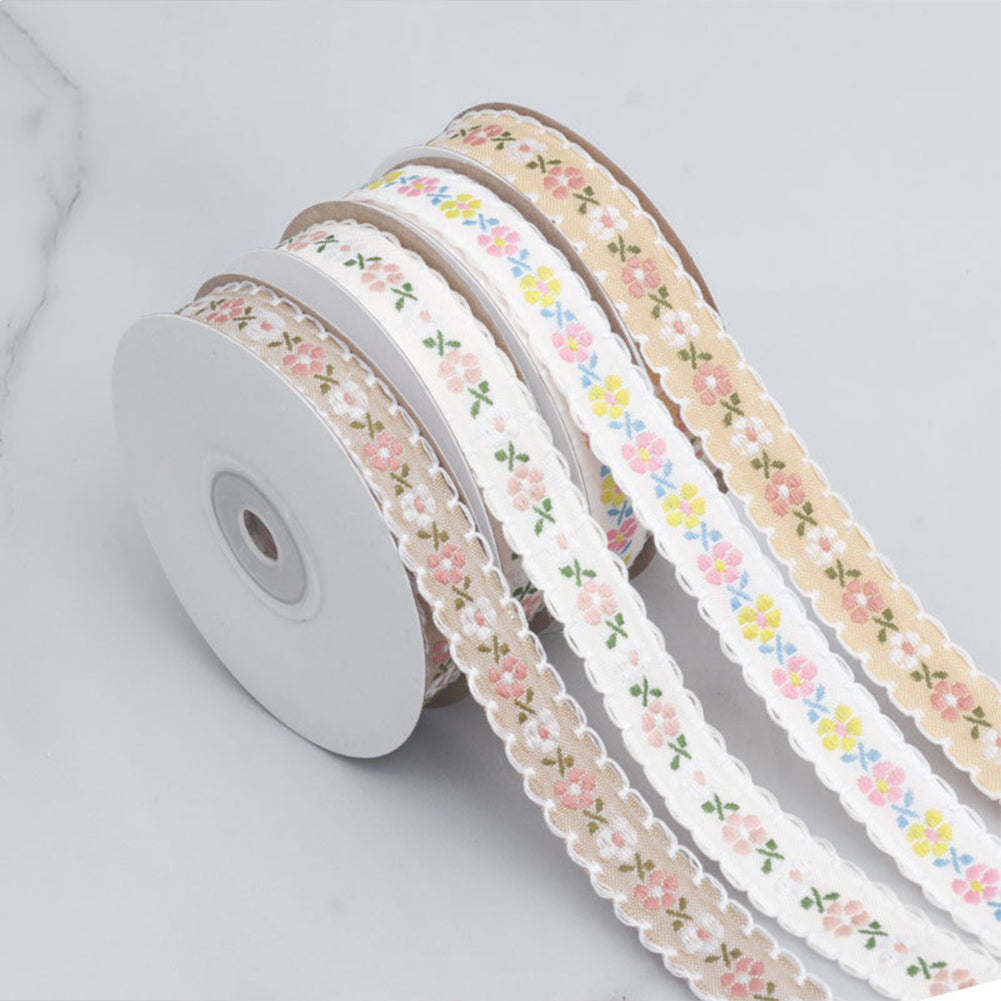 1CM 9M Floral Printed Ribbon Trim DIY Lace Trim Ribbon for Sewing (White)