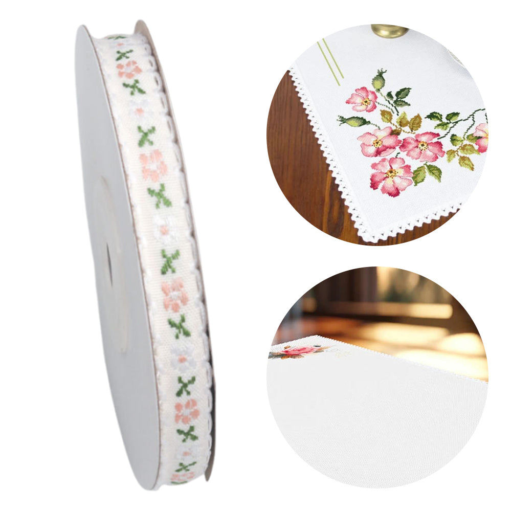 1CM 9M Floral Printed Ribbon Trim DIY Lace Trim Ribbon for Sewing (White)
