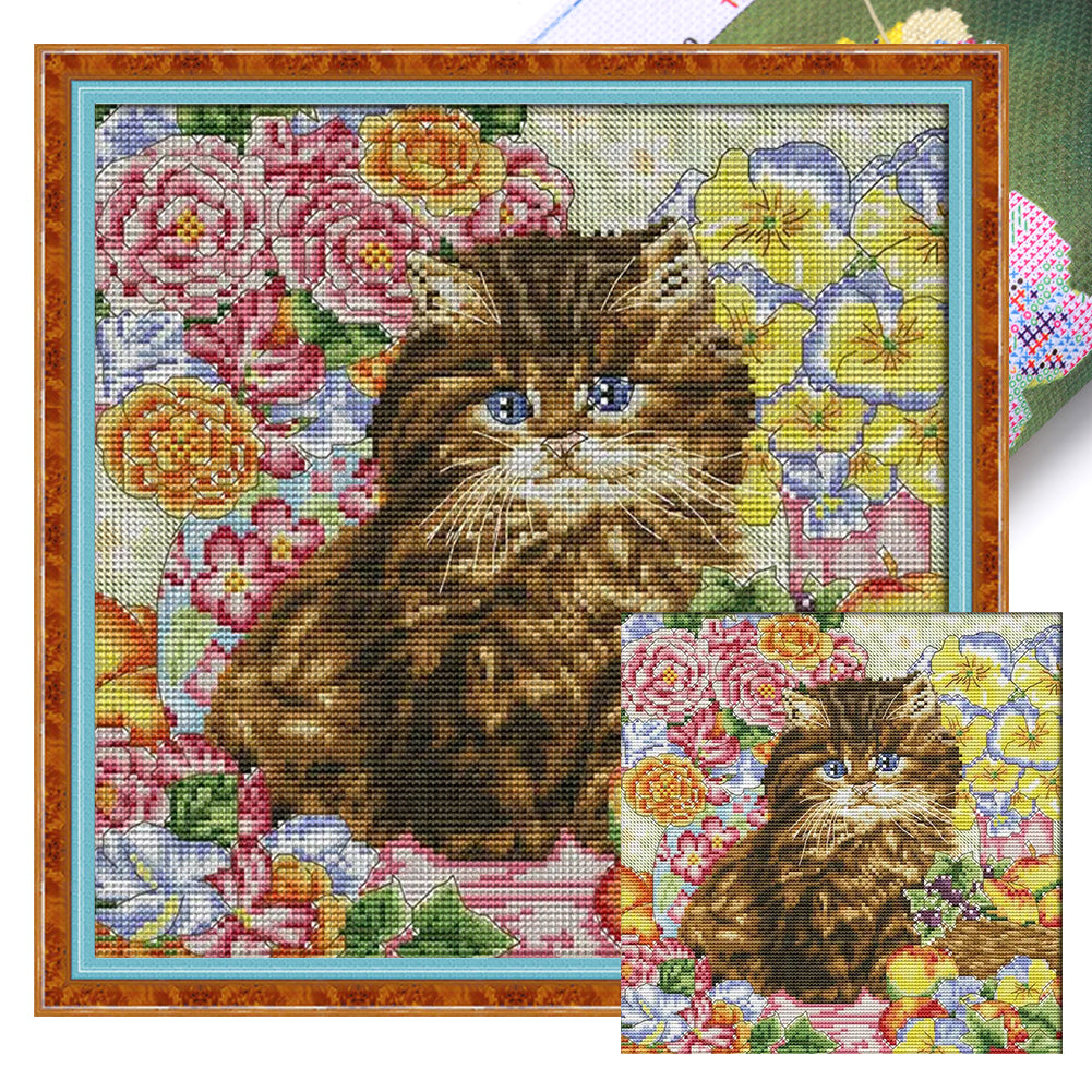 Joy Sunday - Cat Among Flowers - 30*30CM 14CT 2 Stamped Cross Stitch
