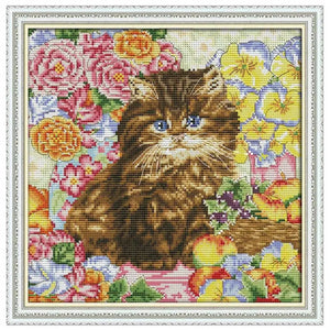 Joy Sunday - Cat Among Flowers - 30*30CM 14CT 2 Stamped Cross Stitch