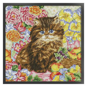 Joy Sunday - Cat Among Flowers - 30*30CM 14CT 2 Stamped Cross Stitch