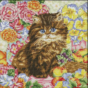 Joy Sunday - Cat Among Flowers - 30*30CM 14CT 2 Stamped Cross Stitch