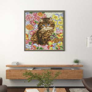 Joy Sunday - Cat Among Flowers - 30*30CM 14CT 2 Stamped Cross Stitch