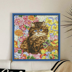 Joy Sunday - Cat Among Flowers - 30*30CM 14CT 2 Stamped Cross Stitch