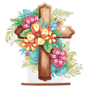 Wooden Special Shaped Flower Cross Diamond Painting Art Kits Desktop Decorations