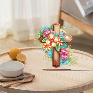 Wooden Special Shaped Flower Cross Diamond Painting Art Kits Desktop Decorations