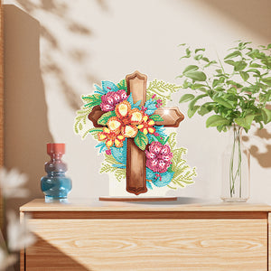 Wooden Special Shaped Flower Cross Diamond Painting Art Kits Desktop Decorations
