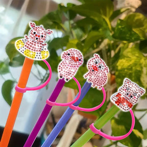 6Pcs Acrylic Silicone Pig 5D DIY Diamond Painting Straw Cover Cap Decoration