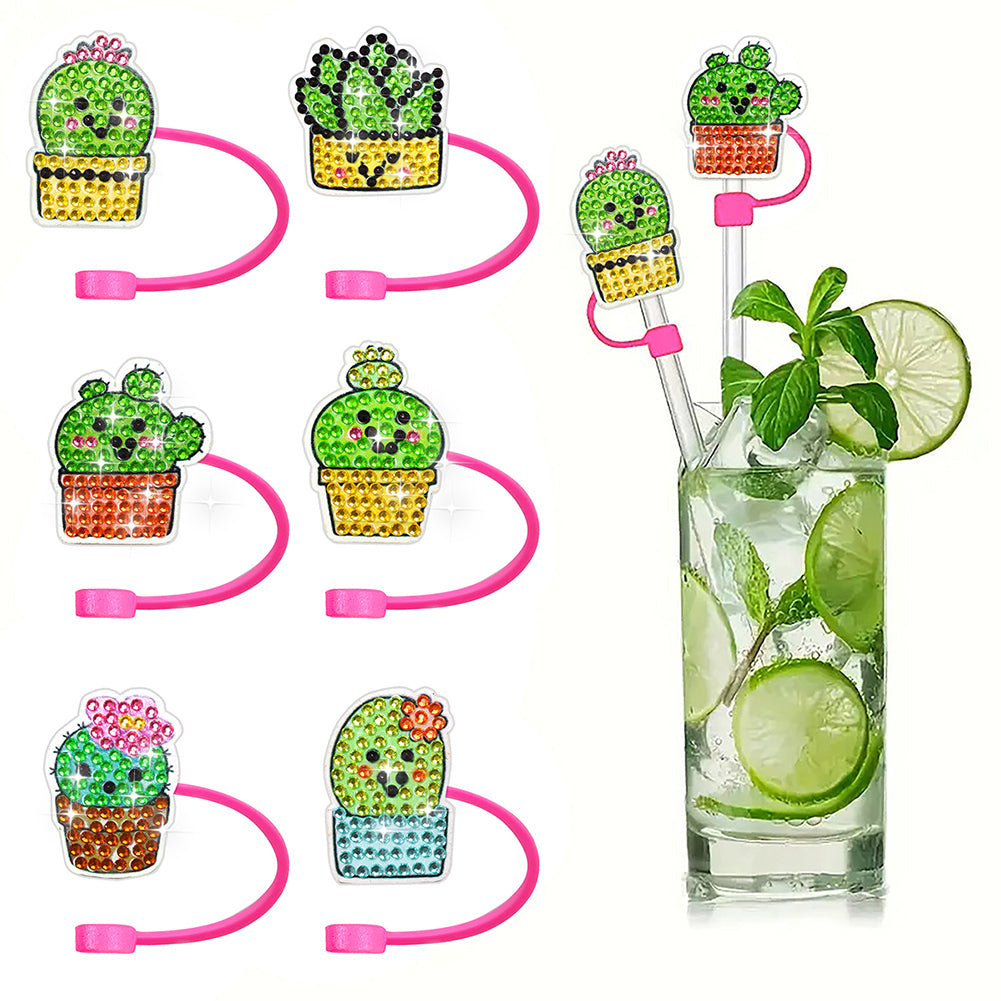 6Pcs Acrylic Silicone Cactus 5D DIY Diamond Painting Straw Cover Cap Decoration
