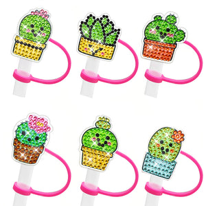 6Pcs Acrylic Silicone Cactus 5D DIY Diamond Painting Straw Cover Cap Decoration
