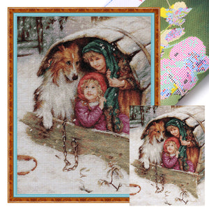 Joy Sunday - Playing With The Shepherd Dog Children - 48*61CM 14CT 2 Stamped Cross Stitch