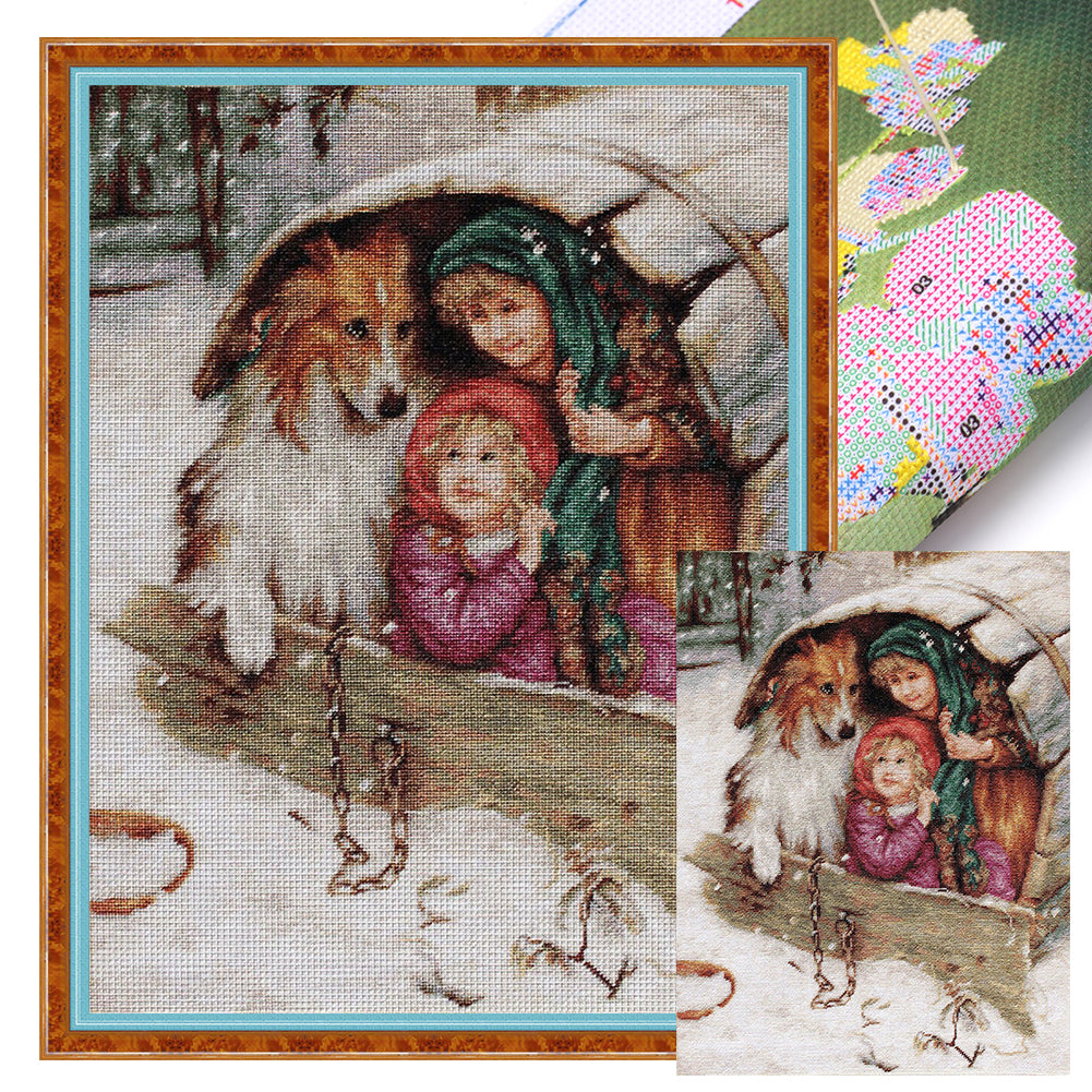 Joy Sunday - Playing With The Shepherd Dog Children - 48*61CM 14CT 2 Stamped Cross Stitch