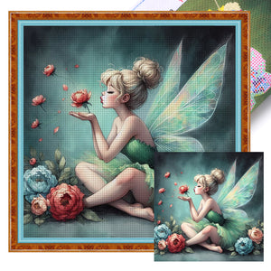 Yishu - Green Fairy Holding Flowers - 50*50CM 11CT 3 Stamped Cross Stitch