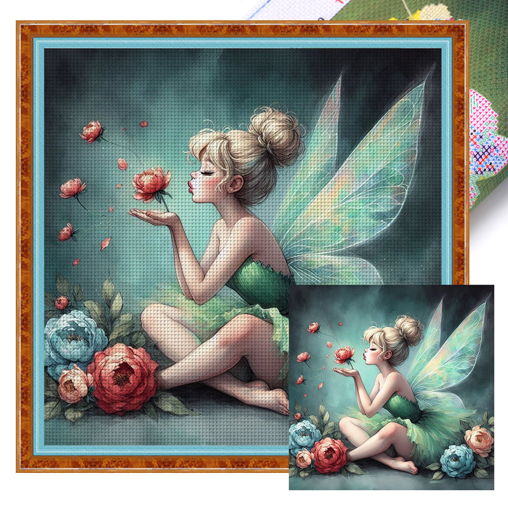 Yishu - Green Fairy Holding Flowers - 50*50CM 11CT 3 Stamped Cross Stitch