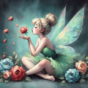 Yishu - Green Fairy Holding Flowers - 50*50CM 11CT 3 Stamped Cross Stitch