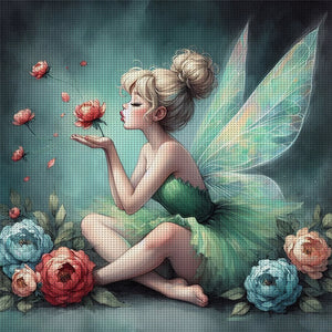 Yishu - Green Fairy Holding Flowers - 50*50CM 11CT 3 Stamped Cross Stitch