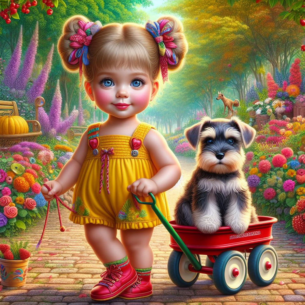 Garden Girl And Puppy 30*30CM(Canvas) Full Round Drill Diamond Painting