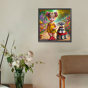 Garden Girl And Puppy 30*30CM(Canvas) Full Round Drill Diamond Painting