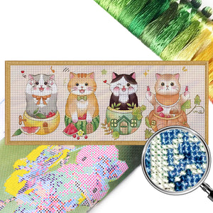 Mona Lisa Silk Brand - Four-Sided Lucky Cats - 98*42CM 11CT 3 Stamped Cross Stitch