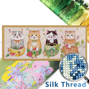 Mona Lisa Silk Brand - Four-Sided Lucky Cats - 98*42CM 11CT 3 Stamped Cross Stitch