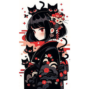 Black Cat And Girl 40*70CM(Picture) Full Round Drill Diamond Painting
