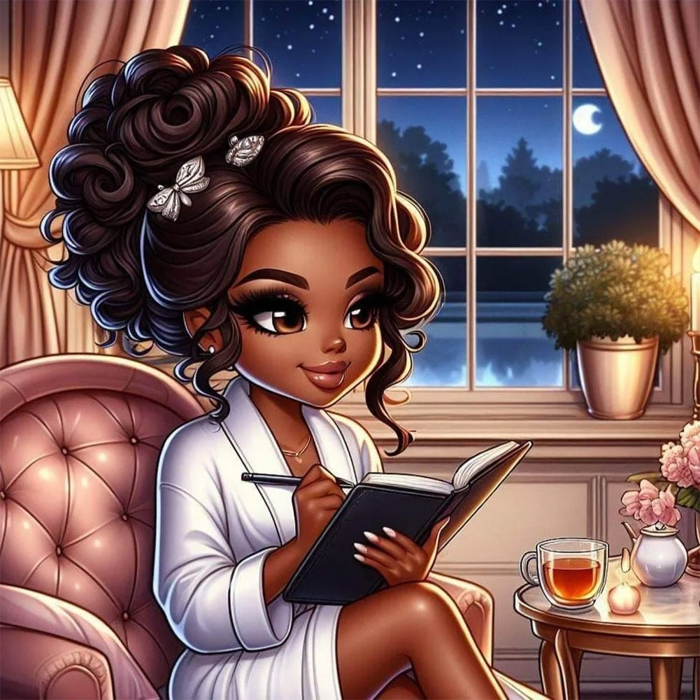 Black Beauty Reading 30*30CM(Canvas) Full Round Drill Diamond Painting