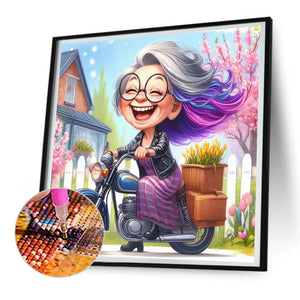 Happy Old Lady On A Bike 30*30CM(Canvas) Full Round Drill Diamond Painting