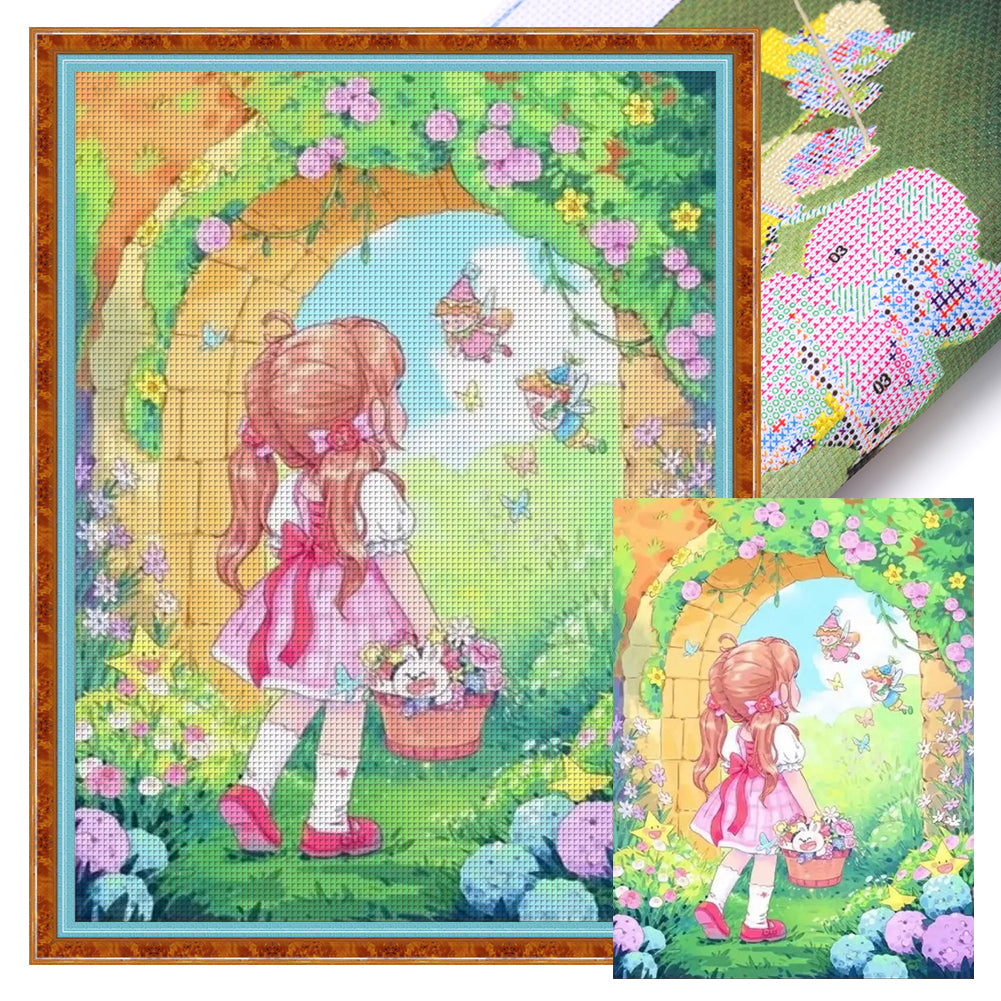 Huancan - Little Girl In The Garden - 40*55CM 11CT 3 Stamped Cross Stitch