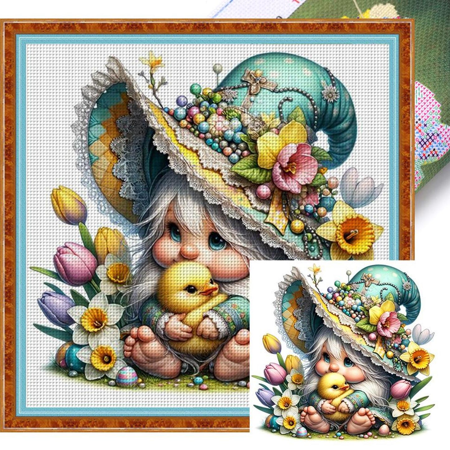 Gnome Holding Little Duck - Full 11CT Stamped Cross Stitch 50x50CM - Yishu