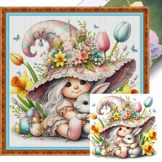 Girl And Gnome Holding Little Grey Rabbit - Full 11CT Stamped Cross Stitch 50x50CM - Yishu