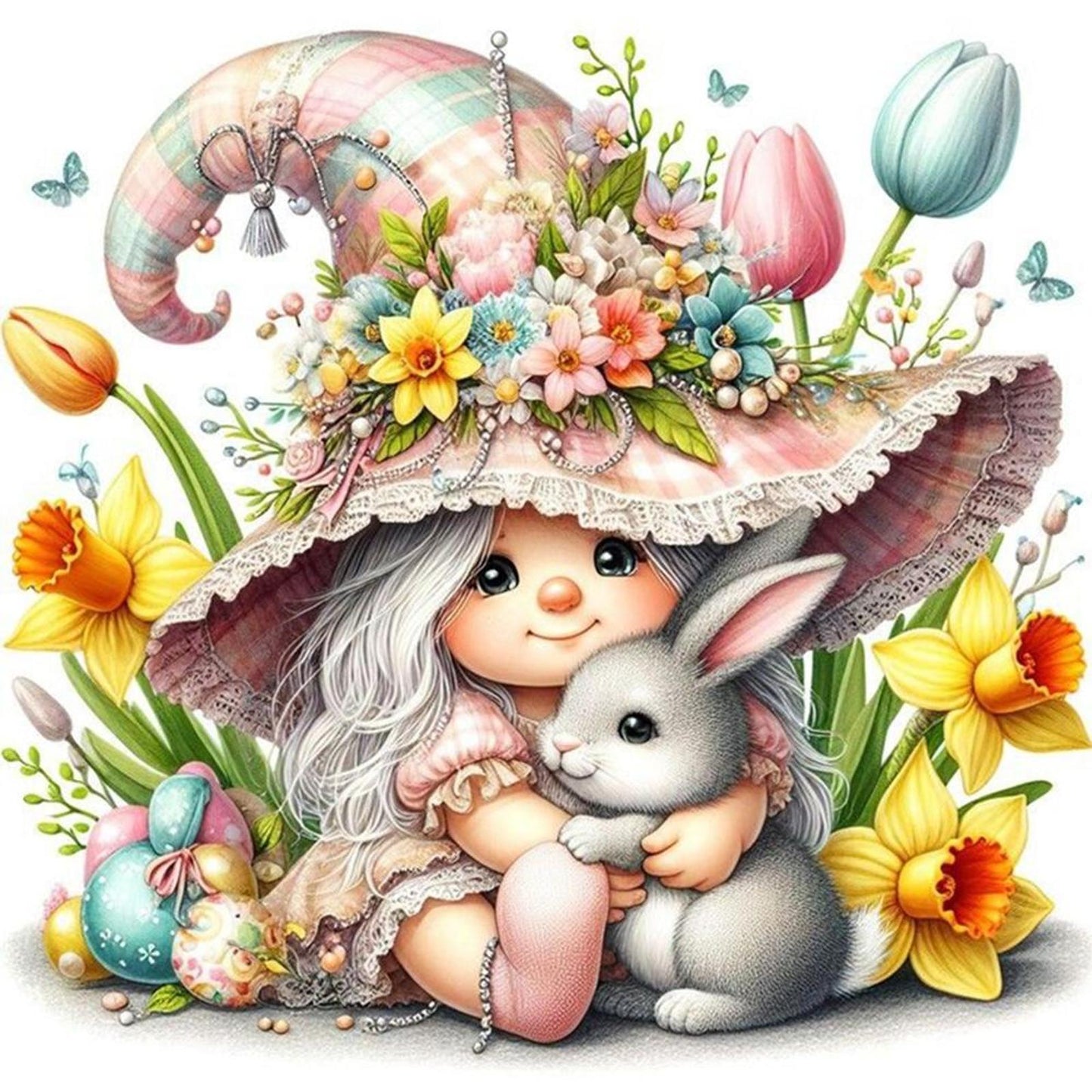 Girl And Gnome Holding Little Grey Rabbit - Full 11CT Stamped Cross Stitch 50x50CM - Yishu