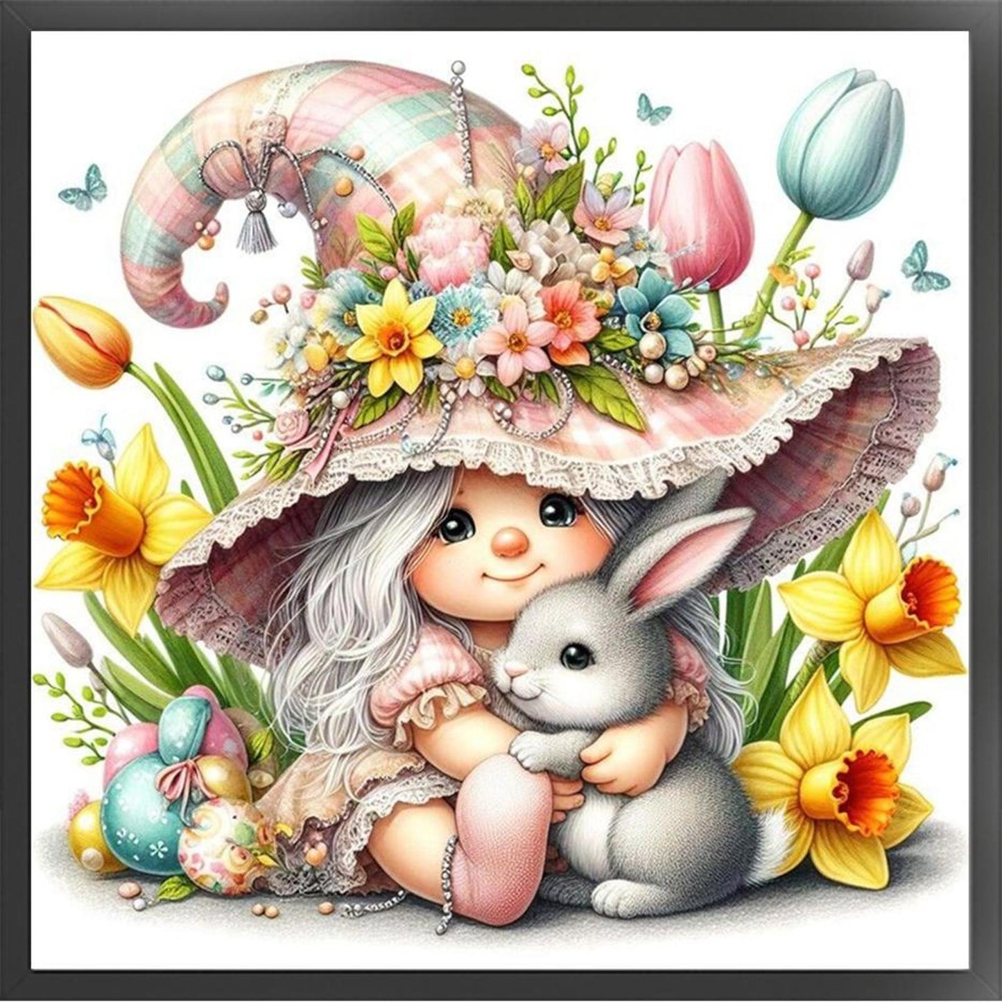 Girl And Gnome Holding Little Grey Rabbit - Full 11CT Stamped Cross Stitch 50x50CM - Yishu