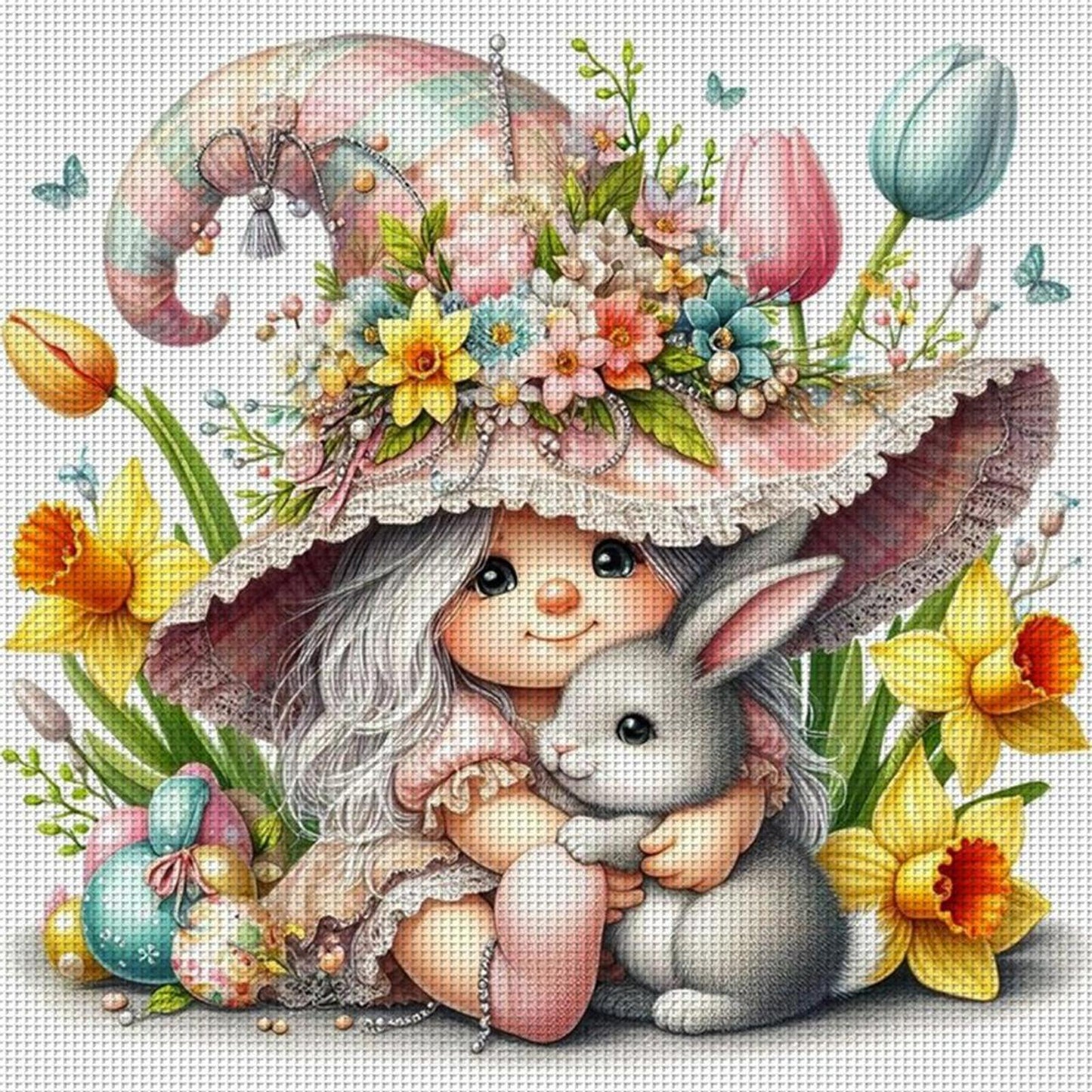 Girl And Gnome Holding Little Grey Rabbit - Full 11CT Stamped Cross Stitch 50x50CM - Yishu