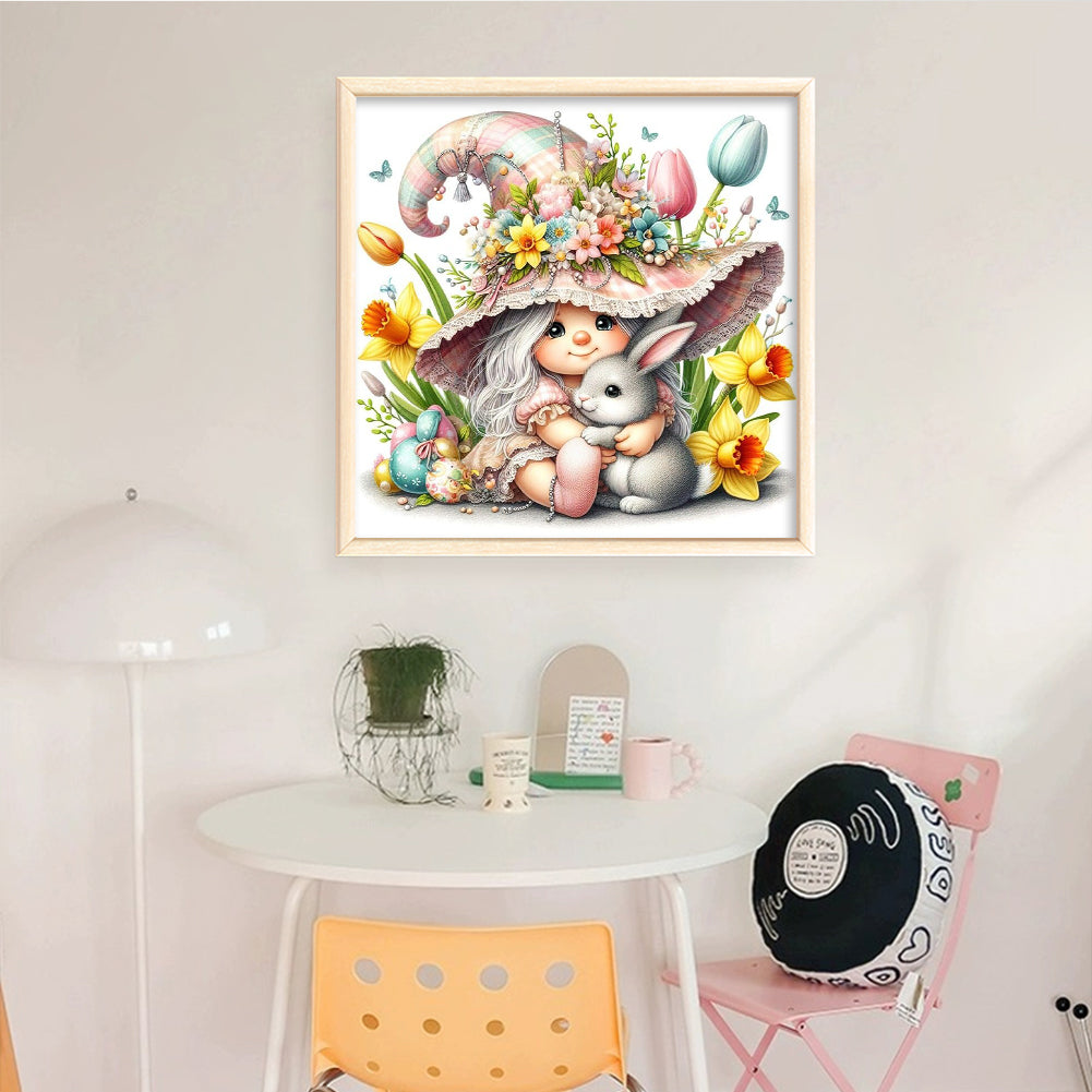 Girl And Gnome Holding Little Grey Rabbit - Full 11CT Stamped Cross Stitch 50x50CM - Yishu