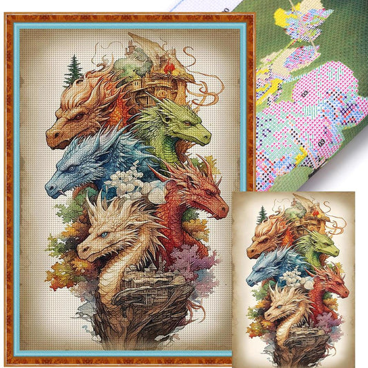 Vintage Poster - Group Of Dragons - Full 11CT Stamped Cross Stitch 40x60CM - Huacan