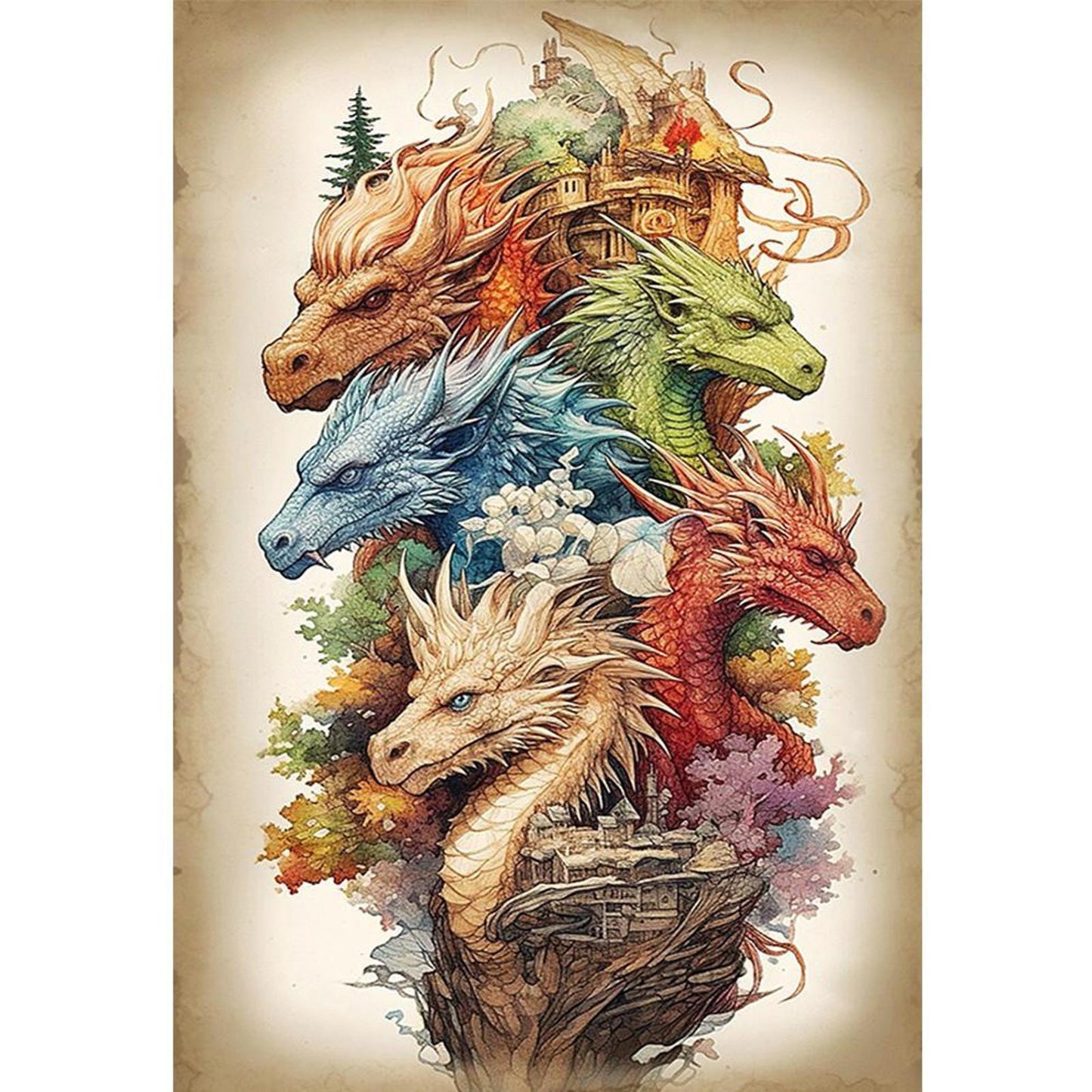 Vintage Poster - Group Of Dragons - Full 11CT Stamped Cross Stitch 40x60CM - Huacan