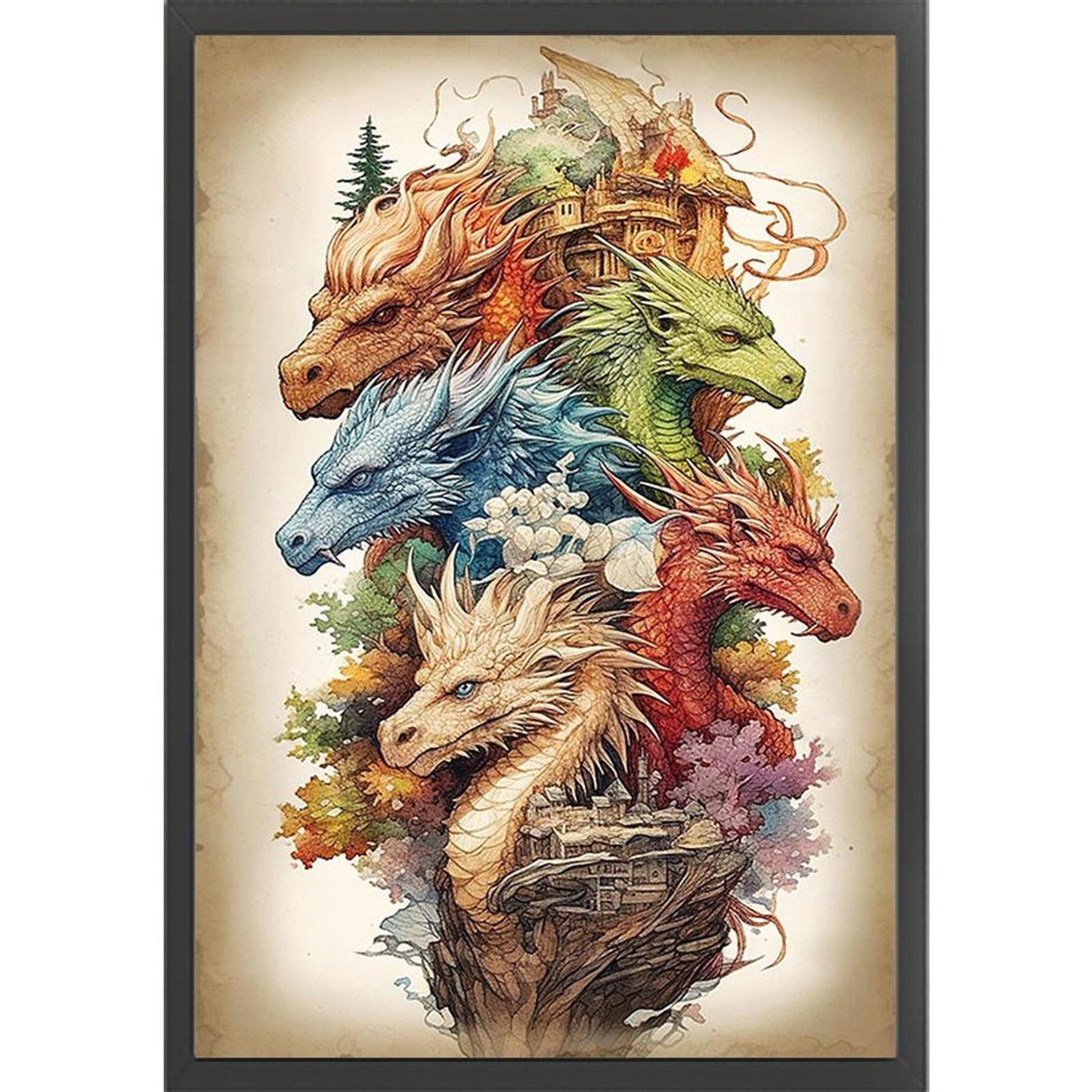 Vintage Poster - Group Of Dragons - Full 11CT Stamped Cross Stitch 40x60CM - Huacan
